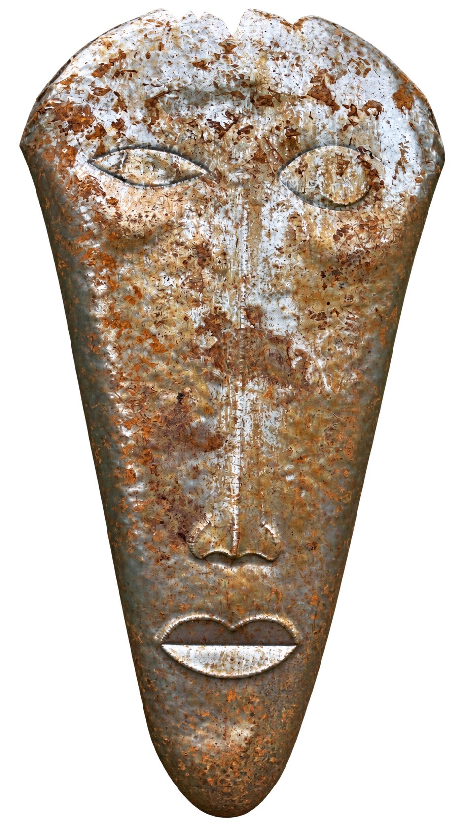 Scultura di Diego Donadei: volto allungato in ferro con patina argentata e ossido